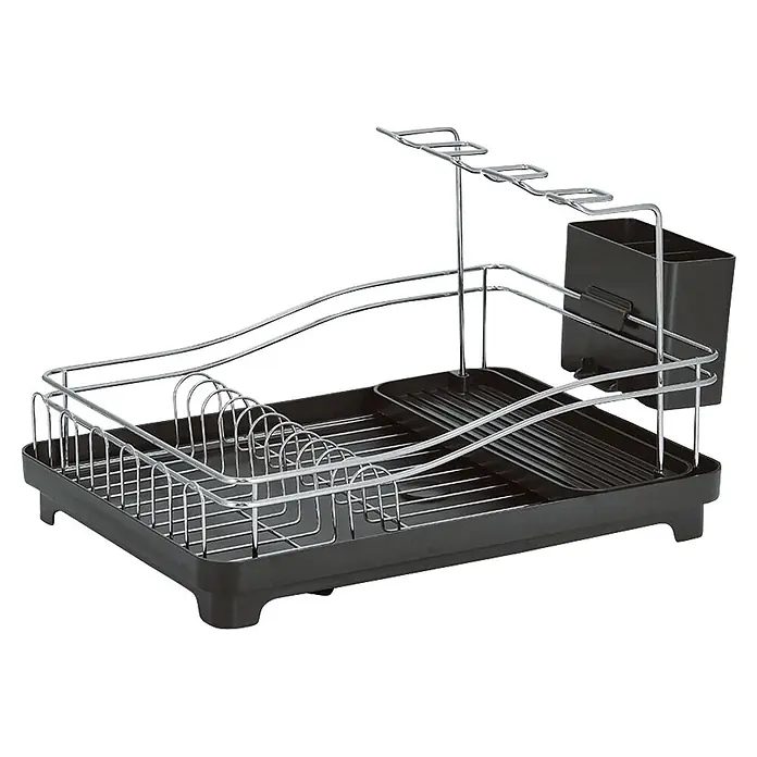 Zeller Present Abtropfgestell - Kunststoff, Schwarz - Ein Abtropfgestell aus schwarzem Kunststoff und silbernem Metalldraht mit Tellerfächern, Tassenhaltern und einem Besteckkorb.
