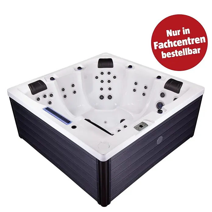 Außen-Whirlpool Atlantis - 200 x 200 x 90 cm, Weiß/Grau, Max. Personenzahl: 5 Stk. - Eck-Whirlpool mit weißer Innenwanne und dunkler Holzoptik-Verkleidung. Aufschrift: "Nur in Fachcentren bestellbar".