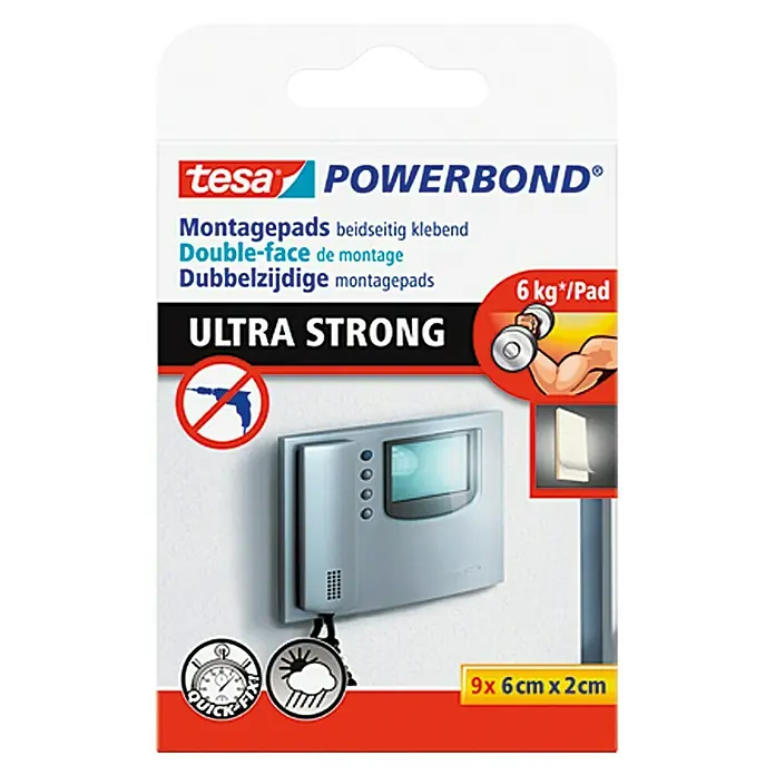 Tesa Powerbond Montagepads Ultra Strong - 9 Stk. - Tesa Powerbond Montagepads: Beidseitig klebende, ultra starke Montagepads für schnelle und dauerhafte Befestigung ohne Bohren. Größe: 9x6 cm, hält bis zu 6 kg/Pad.