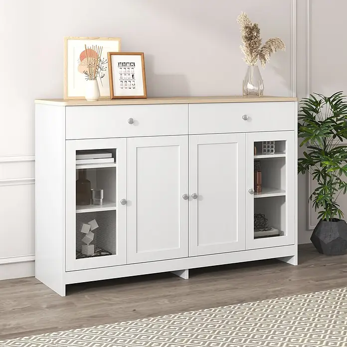 SONNENH Kommode - Weiß/Holzoptik, Anzahl Schubladen: 2 Stk. - Weißes Holz-Sideboard mit heller Holzplatte, zwei Schubladen, zwei undurchsichtigen Türen und zwei Glastüren mit Regalen.
