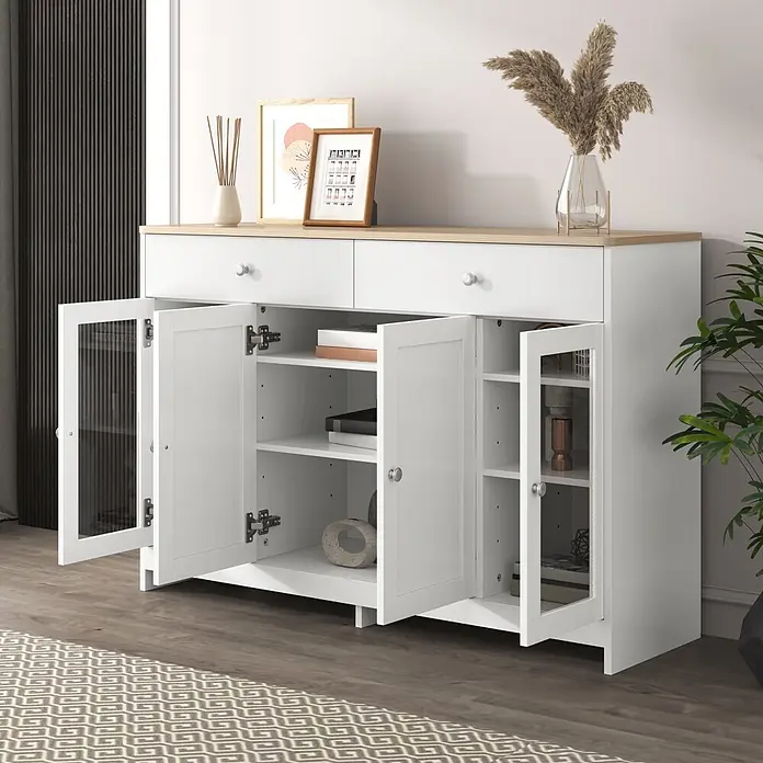 SONNENH Kommode - Weiß/Holzoptik, Anzahl Schubladen: 2 Stk. - Weißes Sideboard mit heller Holzplatte, zwei Schubladen und vier Schranktüren (zwei mit Glas, zwei massiv) für vielseitigen Stauraum.