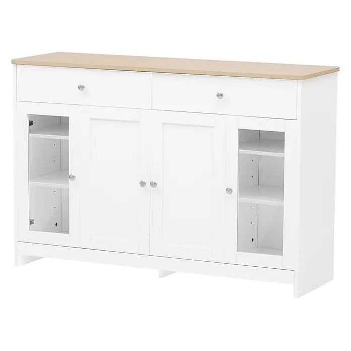 SONNENH Kommode - Weiß/Holzoptik, Anzahl Schubladen: 2 Stk. - Weißes Sideboard mit heller Holzplatte, zwei Schubladen, zwei undurchsichtigen Türen und zwei Glastüren mit Einlegeböden.