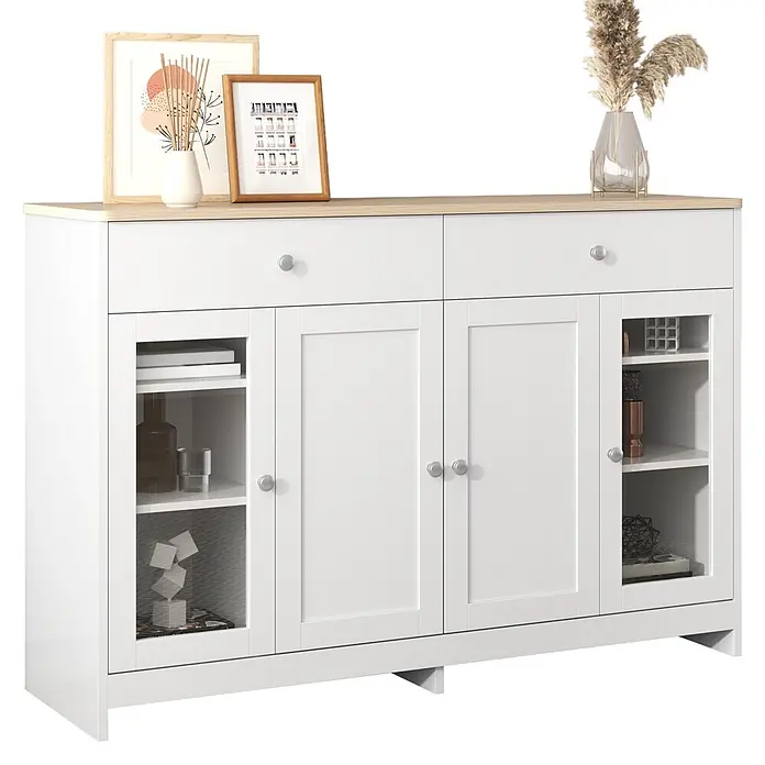SONNENH Kommode - Weiß/Holzoptik, Anzahl Schubladen: 2 Stk. - Weißes Sideboard mit heller Holzplatte, zwei Schubladen und vier Schranktüren, davon zwei mit Glasfronten und Einlegeböden.
