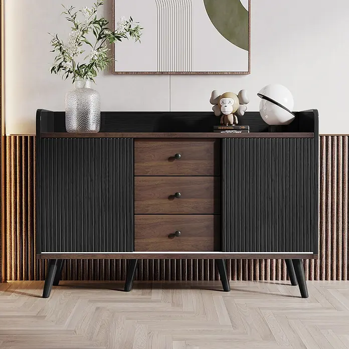 SONNENH Kommode - Schwarz/Holzoptik, Anzahl Schubladen: 3 Stk. - Sideboard aus dunklem Holz mit schwarzen Lamellentüren und drei Schubladen auf schwarzen Beinen. Ein stilvoller Aufbewahrungsschrank.