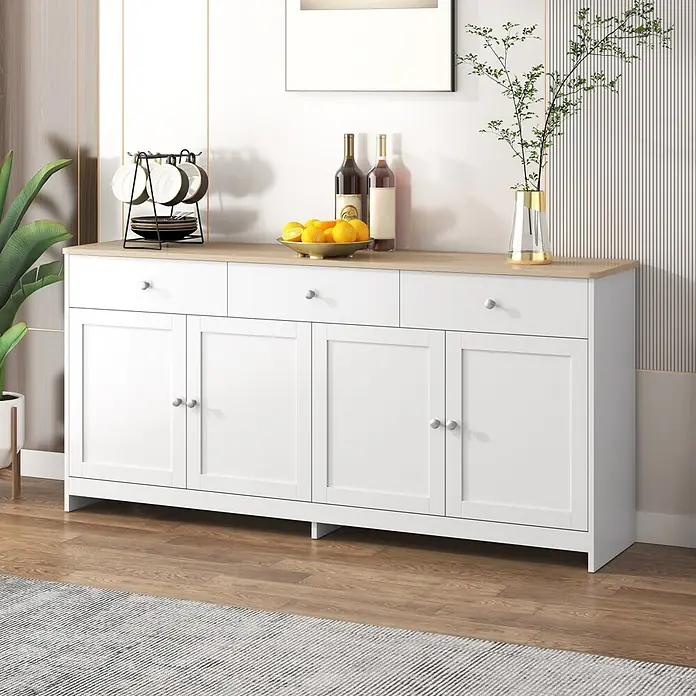 SONNENH Kommode - Weiß/Holzoptik, Anzahl Schubladen: 3 Stk. - Weißes Sideboard mit heller Holzplatte, drei Schubladen und vier Schranktüren zur Aufbewahrung.