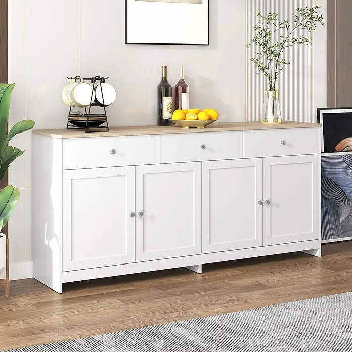 SONNENH Kommode - Weiß/Holzoptik, Anzahl Schubladen: 3 Stk. - Weißes Sideboard mit heller Holzplatte, drei Schubladen und vier Türen, zur Aufbewahrung und Dekoration im Raum.