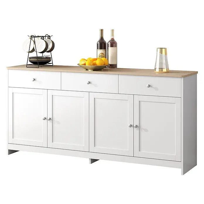 SONNENH Kommode - Weiß/Holzoptik, Anzahl Schubladen: 3 Stk. - Weißes Sideboard mit heller Holzplatte, drei Schubladen und vier Schranktüren mit silbernen Knöpfen.