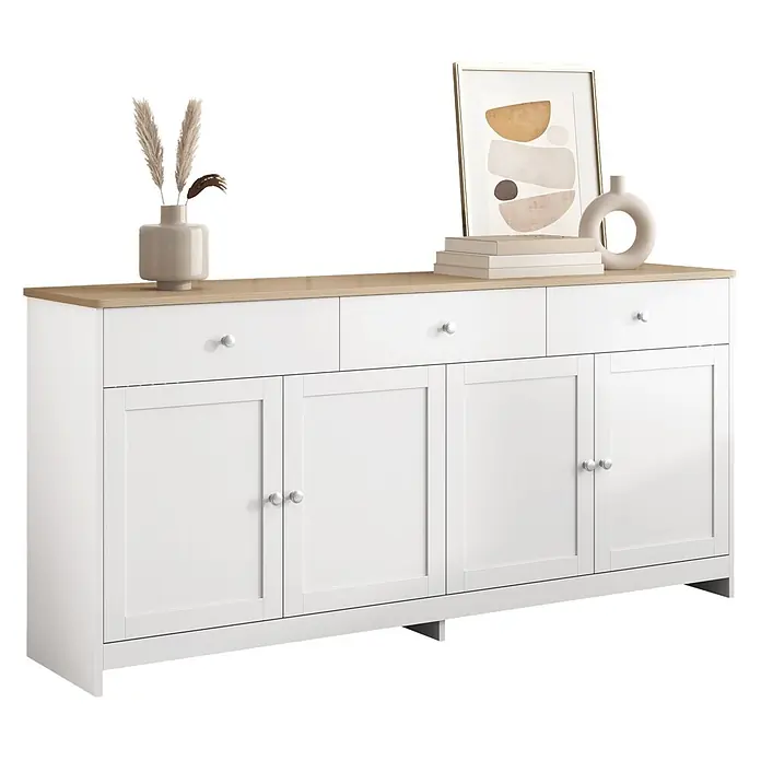 SONNENH Kommode - Weiß/Holzoptik, Anzahl Schubladen: 3 Stk. - Weißes Holzsideboard mit heller Holzplatte, drei Schubladen und vier Schranktüren mit silbernen Knöpfen.