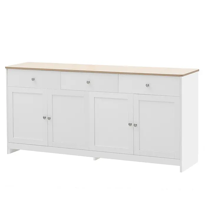 SONNENH Kommode - Weiß/Holzoptik, Anzahl Schubladen: 3 Stk. - Weißes Sideboard mit heller Holzplatte, drei Schubladen und vier Schranktüren mit silbernen Knäufen.