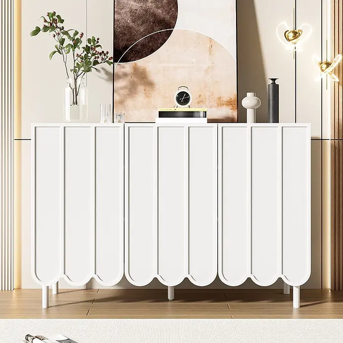 SONNENH Kommode - Weiß, Anzahl Schubladen: 0 Stk. - Weißes Sideboard mit wellenförmigem Wellenboden und vertikaler Paneelierung, das stilvollen Stauraum bietet.
