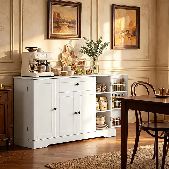 SONNENH Kommode - Weiß, Anzahl Schubladen: 1 Stk. - Weißes Holz-Sideboard mit Kaffeemaschine darauf und Küchenutensilien in den Fächern und auf den offenen Regalen.