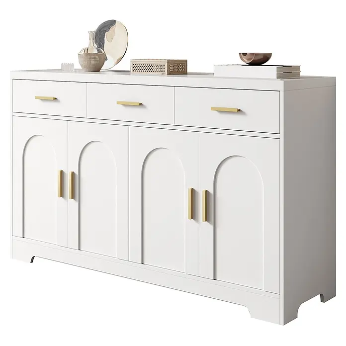 SONNENH Kommode mit Bogenrelief und 3 Schubladen, Weiß -  - Weißes Holz-Sideboard mit 3 Schubladen und 4 Türen mit Goldgriffen und Bogenpaneelen für Stauraum.