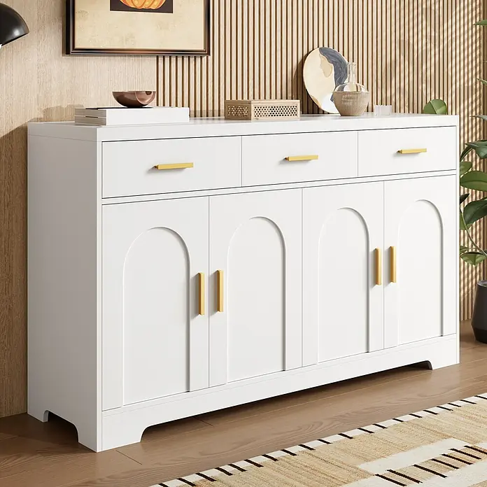 SONNENH Kommode mit Bogenrelief und 3 Schubladen, Weiß -  - Weißes Sideboard mit drei Schubladen und vier Bogentüren, goldfarbenen Griffen, bietet stilvollen Stauraum im Raumambiente.