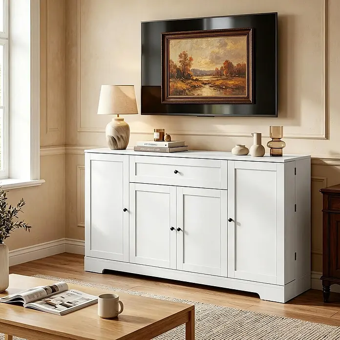 SONNENH Kommode - Weiß, Anzahl Schubladen: 1 Stk. - Weißes Holzsideboard mit Türen und einer Schublade, im Wohnzimmer unter einem Fernseher platziert, mit Lampen und Vasen dekoriert.
