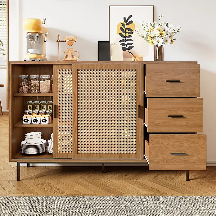 SONNENH Kommode - Natur, Anzahl Schubladen: 3 Stk. - Modernes Sideboard aus Holz mit Rattan-Schiebetüren und drei Schubladen, als Kaffeestation und Stauraum für Geschirr und Vorräte genutzt.