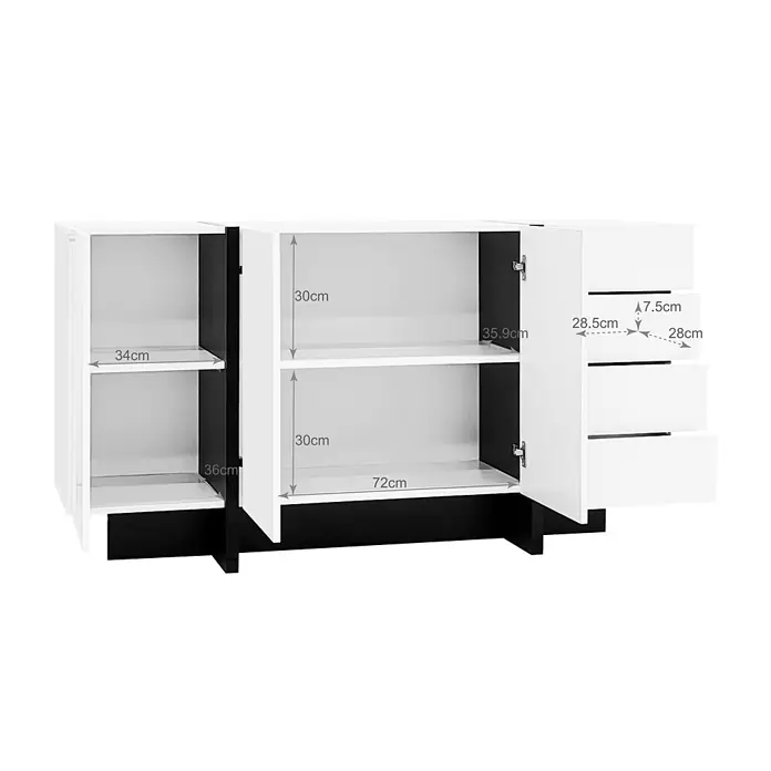 SONNENH Kommode - Weiß/Schwarz, Anzahl Schubladen: 4 Stk. - Schwarz-weißer Schrank mit offenen Fächern und Schubladen, Maße sind sichtbar.