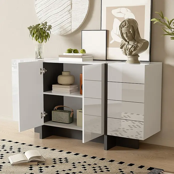 SONNENH Kommode - Weiß/Schwarz, Anzahl Schubladen: 4 Stk. - Weißes Hochglanz-Sideboard mit grauen Akzenten, offener Tür und Schubladen, bietet Stauraum im Wohnbereich.