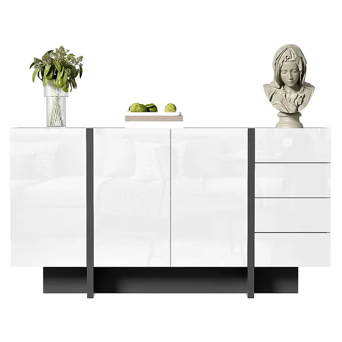SONNENH Kommode - Weiß/Schwarz, Anzahl Schubladen: 4 Stk. - Weißes Hochglanz-Sideboard mit dunkelgrauen Akzenten, zwei Türen und vier Schubladen zur Aufbewahrung.