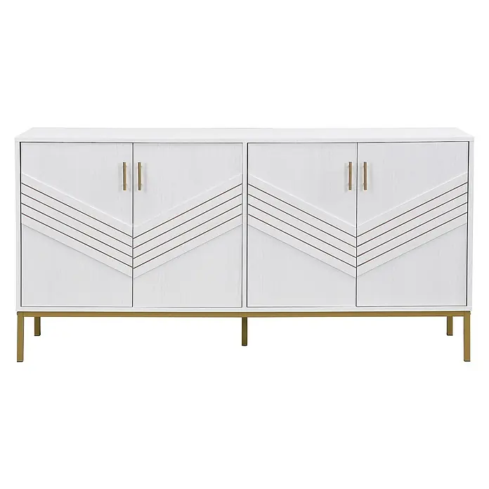 SONNENH Kommode - Weiß/Gold, Anzahl Schubladen: 0 Stk. - Weißer Schrank mit goldenen Griffen und Gestell, geometrisches Chevron-Muster mit braunen Linien auf den vier Türen.