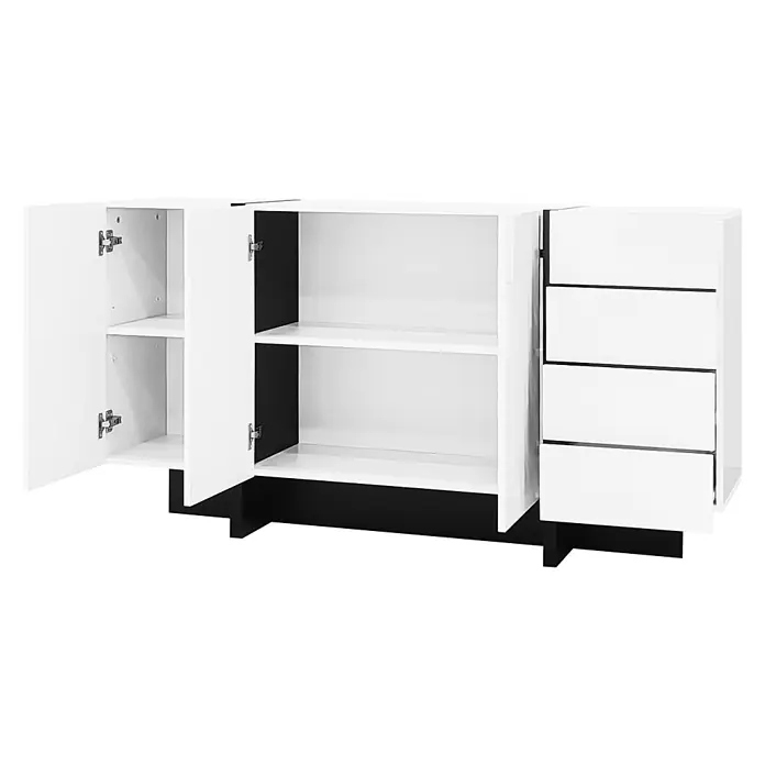 SONNENH Kommode - Weiß/Schwarz, Anzahl Schubladen: 4 Stk. - Weißer Schrank mit zwei offenen Türen, Einlegeböden und vier rechten Schubladen, mit schwarzem Sockel.