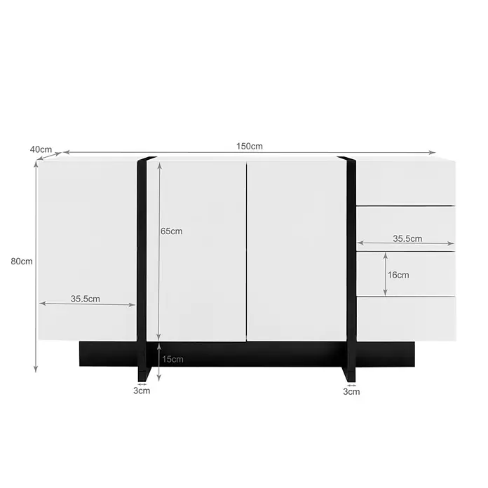 SONNENH Kommode - Weiß/Schwarz, Anzahl Schubladen: 4 Stk. - Weißes und schwarzes Sideboard mit einer linken Tür, zwei Mitteltüren und vier Schubladen rechts, auf schwarzem Sockel.