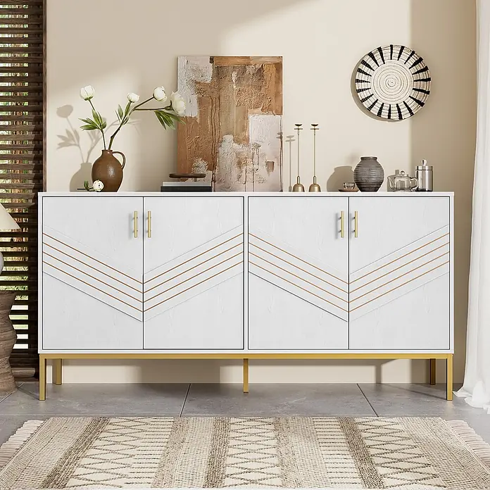 SONNENH Kommode - Weiß/Gold, Anzahl Schubladen: 0 Stk. - Weißes Sideboard mit goldener geometrischer Musterung auf Türen und goldenen Griffen/Beinen, im Wohnzimmer.