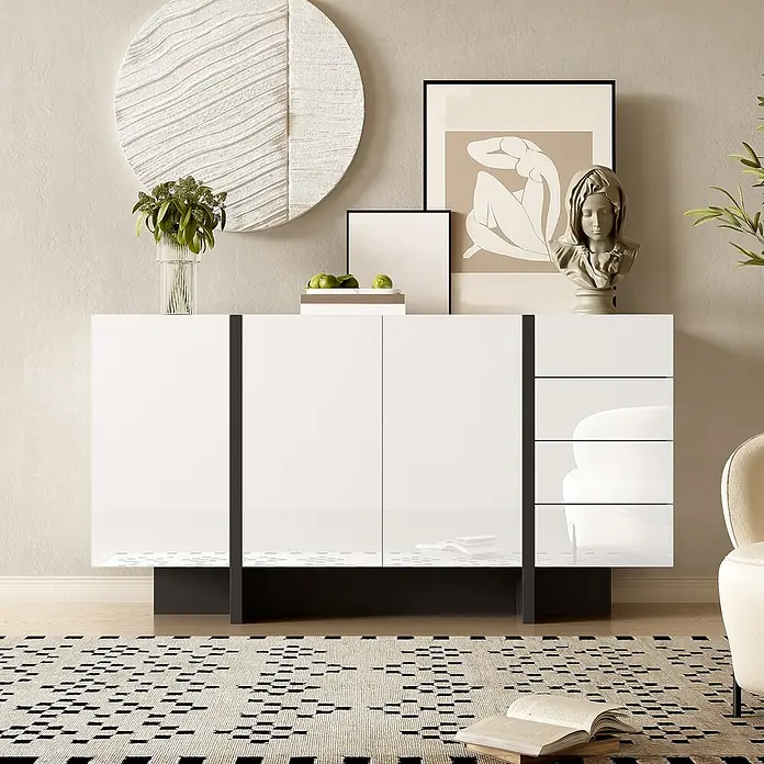 SONNENH Kommode - Weiß/Schwarz, Anzahl Schubladen: 4 Stk. - Weißes Hochglanz-Sideboard mit dunklen Akzenten, zwei Türen und drei Schubladen.