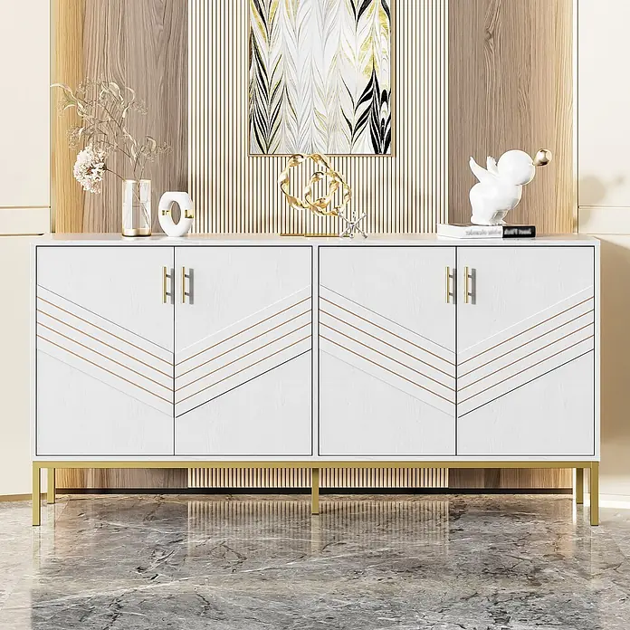 SONNENH Kommode - Weiß/Gold, Anzahl Schubladen: 0 Stk. - Weißes Sideboard mit goldenen geometrischen Türakzenten, Griffen und Beinen in modernem Interieur.