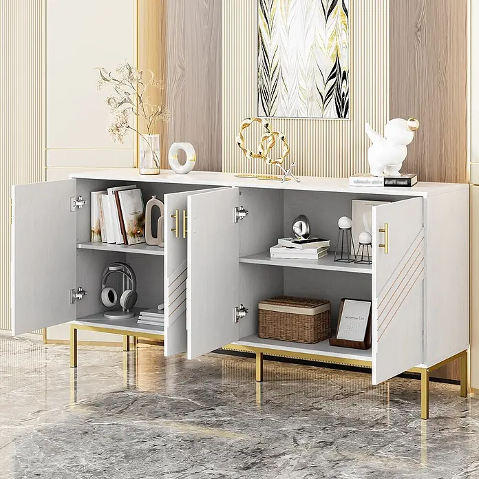 SONNENH Kommode - Weiß/Gold, Anzahl Schubladen: 0 Stk. - Weißes und goldenes Buffet-Sideboard mit offenen Türen, das Bücher, Kopfhörer und Dekoartikel zeigt. Perfekt für Wohn- oder Esszimmer.