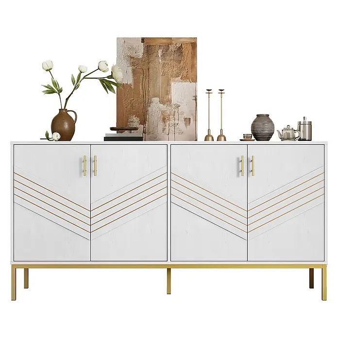 SONNENH Kommode - Weiß/Gold, Anzahl Schubladen: 0 Stk. - Weißes Sideboard mit goldenem Geometriedesign auf den Türen und goldenen Metallbeinen, mit Dekoartikeln.