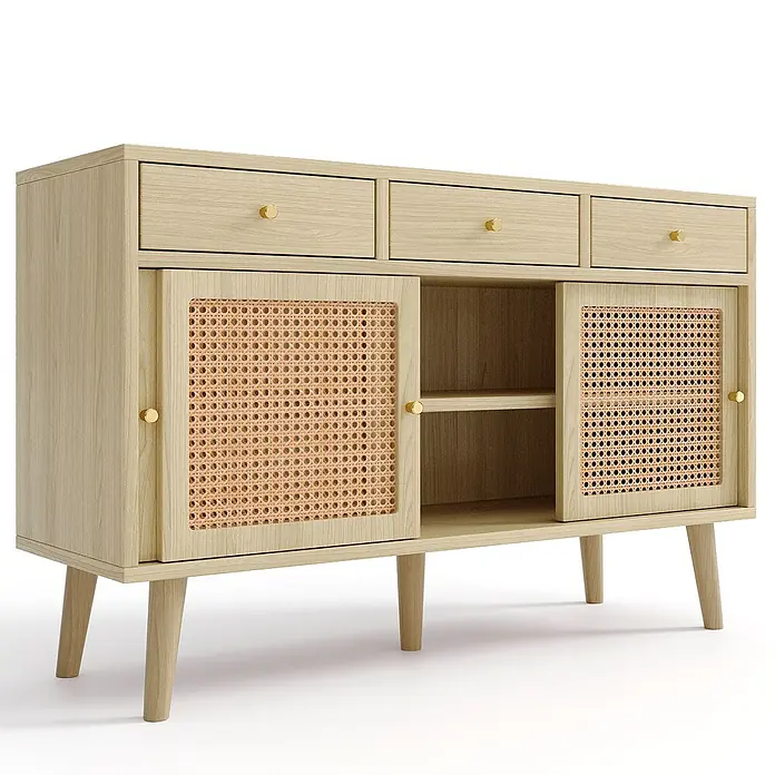 SONNENH Kommode - Eichenoptik, Anzahl Schubladen: 3 Stk. - Helles Holz-Sideboard mit drei Schubladen und zwei Schiebetüren aus Rattan, goldene Knöpfe und konische Beine.