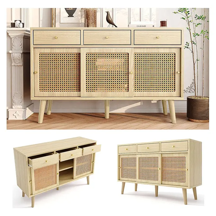 SONNENH Kommode - Eichenoptik, Anzahl Schubladen: 3 Stk. - Helles Sideboard aus Holz mit Rattantüren, goldenen Griffen, drei Schubladen und konischen Beinen.
