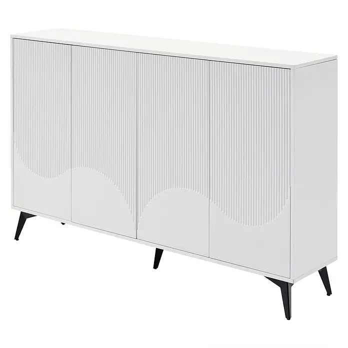 SONNENH Kommode mit 4 Rillentüren und Drucköffnung, Weiß -  - Weißes modernes Sideboard mit vier gerillten Türen, wellenförmiger Textur und schwarzen konischen Beinen.