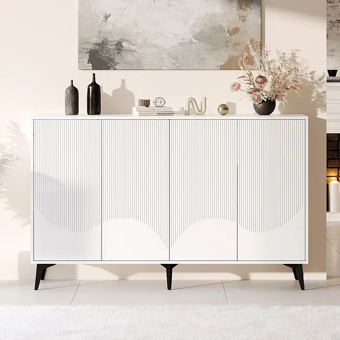 SONNENH Kommode mit 4 Rillentüren und Drucköffnung, Weiß -  - Weißes geriffeltes Sideboard mit schwarzen Beinen, dekoriert in einem modernen Raum.