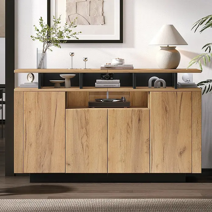 SONNENH Kommode - Natur/Schwarz, Anzahl Schubladen: 0 Stk. - Holzsideboard mit schwarzem Metallrahmen und offenen Fächern, dekoriert mit Büchern, Lampe und Plattenspieler.