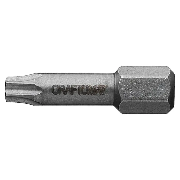 Craftomat Bit Metall - TX 20, 25 mm, 2 -tlg. - Detailaufnahme eines silberfarbenen Craftomat Torx-Bits für Schraubendreher.
