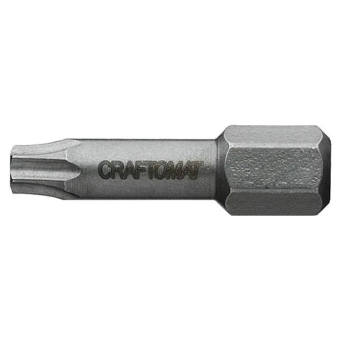 Craftomat Bit Metall - TX 20, 25 mm, 2 -tlg. - Detailaufnahme eines silberfarbenen Craftomat Torx-Bits für Schraubendreher.