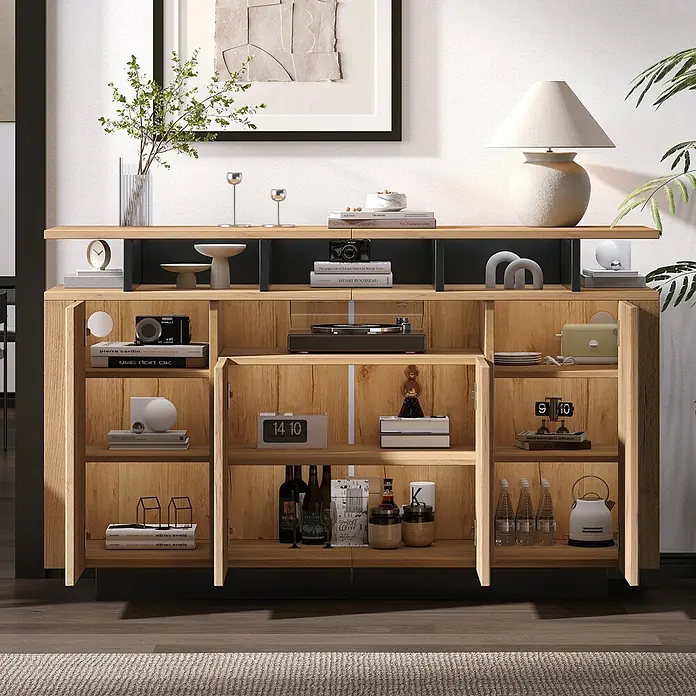SONNENH Kommode - Natur/Schwarz, Anzahl Schubladen: 0 Stk. - Modernes Sideboard aus Holz mit schwarzem Gestell, offenen Regalen und geschlossenen Schränken für stilvolle Aufbewahrung.