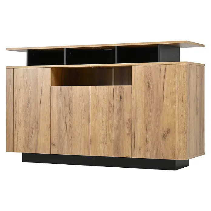 SONNENH Kommode - Natur/Schwarz, Anzahl Schubladen: 0 Stk. - Modernes Sideboard in Holzoptik mit schwarzem Sockel, offenen und geschlossenen Fächern.