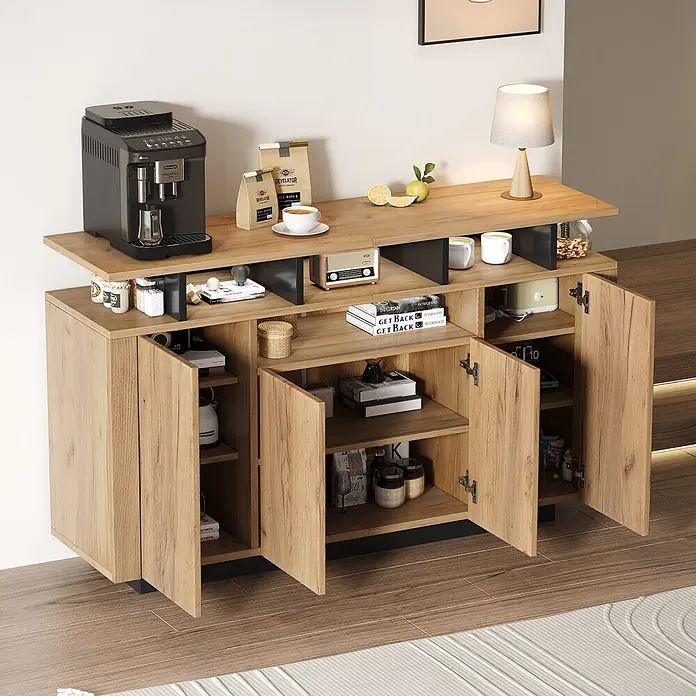 SONNENH Kommode - Natur/Schwarz, Anzahl Schubladen: 0 Stk. - Holzfarbener Buffetschrank mit Kaffeemaschine und Staufächern, als Kaffeebar in einem Raum genutzt.