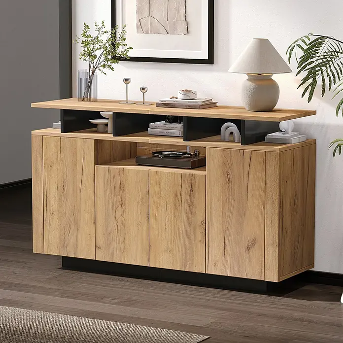 SONNENH Kommode - Natur/Schwarz, Anzahl Schubladen: 0 Stk. - Sideboard aus hellem Holz mit schwarzen Akzenten und erhöhter Ablagefläche, ideal für Medien und Stauraum.