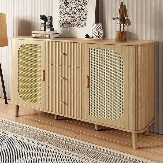 SONNENH Kommode - Natur, Anzahl Schubladen: 3 Stk. - Helles Holz-Sideboard mit Rattan-Türen und geriffelten Schubladenfronten.