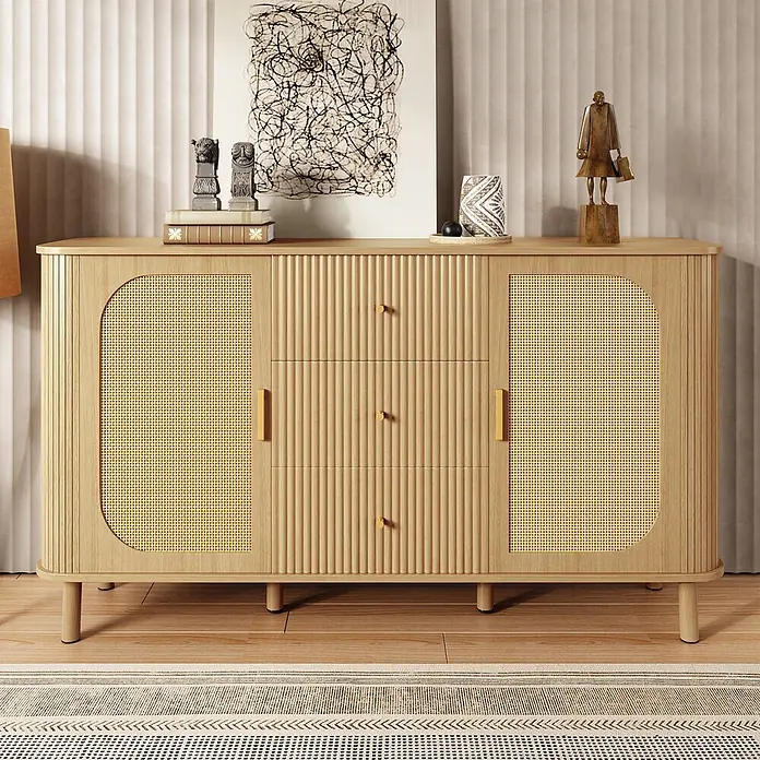SONNENH Kommode - Natur, Anzahl Schubladen: 3 Stk. - Sideboard aus hellem Holz und Rattan mit geriffelten Paneelen, zwei Türen und drei Schubladen für stilvollen Stauraum.