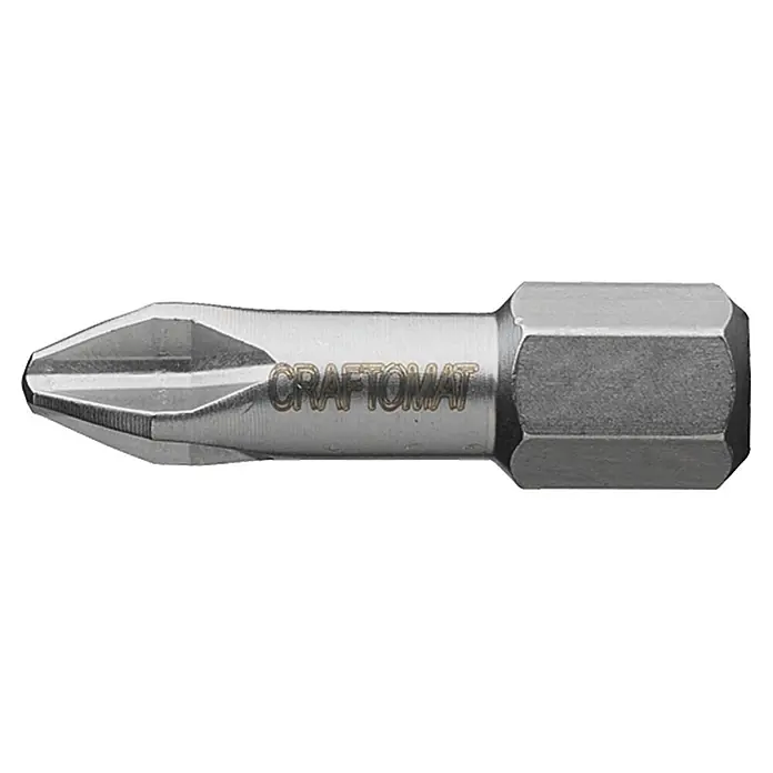 Craftomat Bit - PH 2, Edelstahl - Nahaufnahme eines Craftomat Kreuzschlitz-Schrauberbits mit sechskantiger Aufnahme. Ideal für Schraubarbeiten.