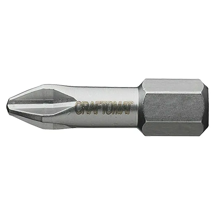 Craftomat Bit - PH 2, Edelstahl - Nahaufnahme eines Craftomat Kreuzschlitz-Schrauberbits mit sechskantiger Aufnahme. Ideal für Schraubarbeiten.