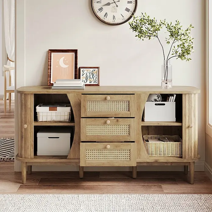 SONNENH Kommode mit Schiebetüren und 3 Flechtschubladen, Natur -  - Naturholz-Konsolenschrank mit Rattan-Schubladen und offenen Fächern, stilvolle Aufbewahrung für den Wohnbereich.