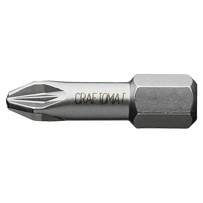 Craftomat Bit - PZ 2, Edelstahl - Nahaufnahme eines Craftomat Kreuzschlitz-Schrauberbits, ideal für Schraubarbeiten.