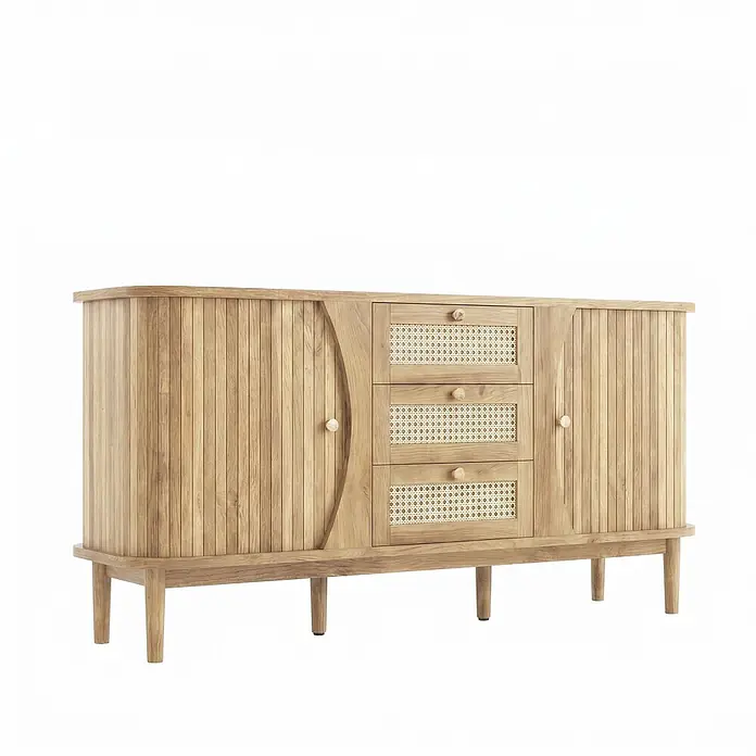 SONNENH Kommode mit Schiebetüren und 3 Flechtschubladen, Natur -  - Hellholz-Sideboard mit geriffelten Seiten, Schubladen mit Rattanfront und Schranktüren.