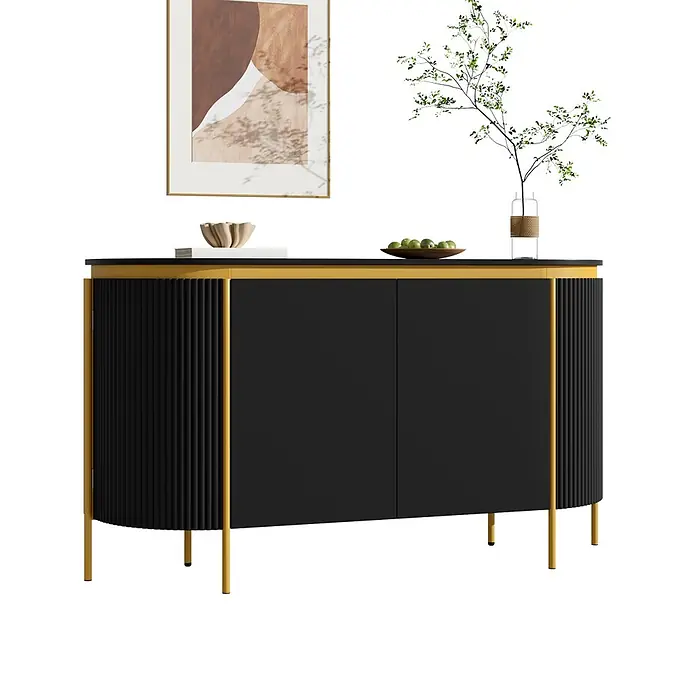 SONNENH Kommode - Schwarz/Gold, Anzahl Schubladen: 0 Stk. - Schwarz-goldenes Sideboard mit gerippten Seiten und zwei Türen, auf Metallfüßen stehend.