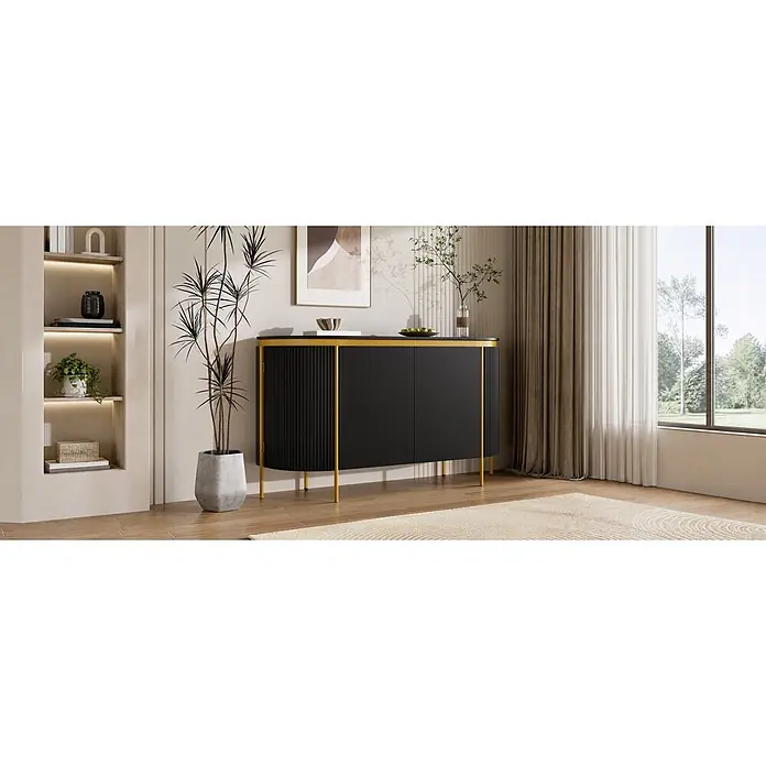 SONNENH Kommode - Schwarz/Gold, Anzahl Schubladen: 0 Stk. - Elegantes schwarz-goldenes Sideboard mit geriffelten Details und schlanken Beinen, das einen modernen Wohnraum stilvoll ergänzt.
